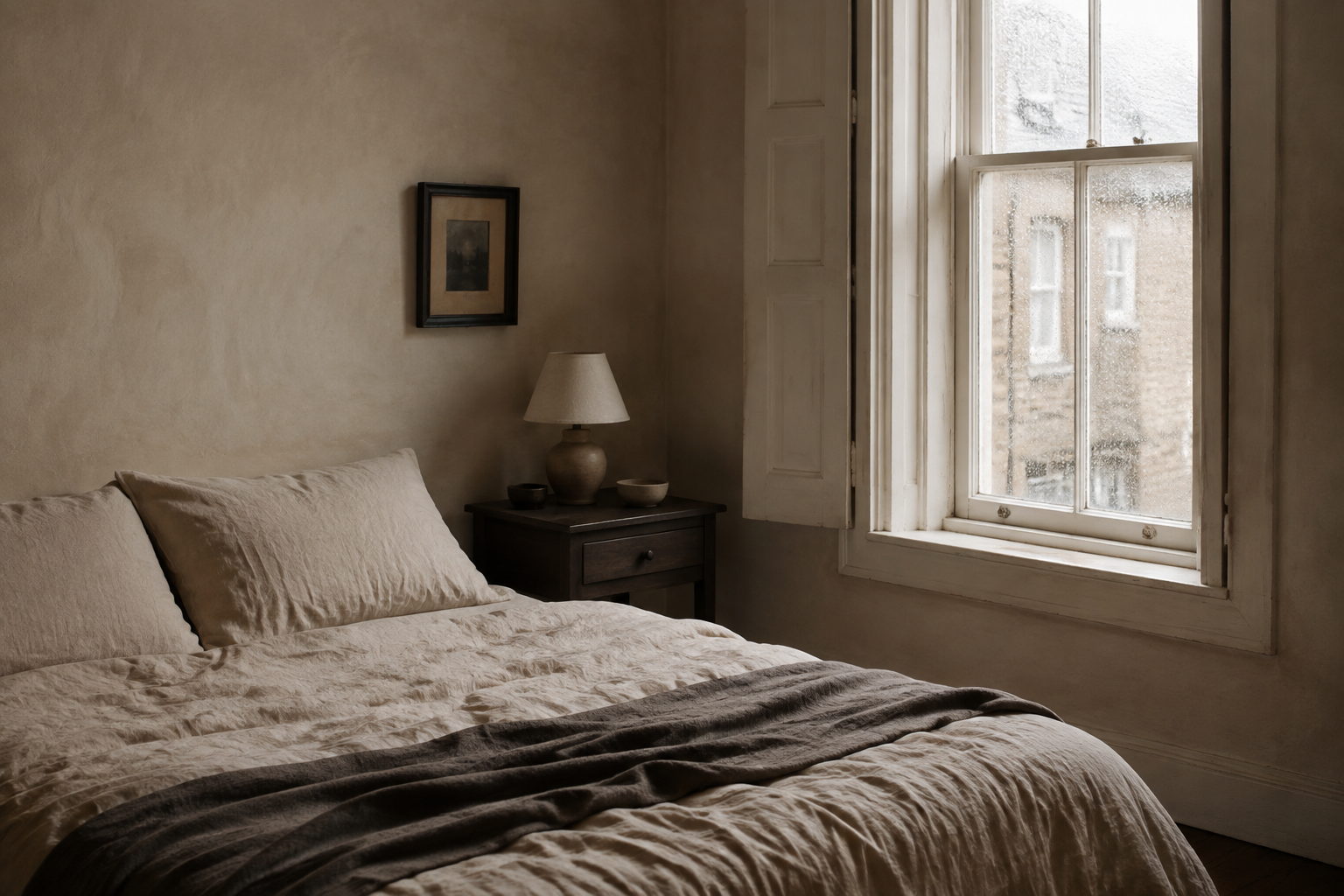 Quiet guest room with linen, old timber and natural window light
