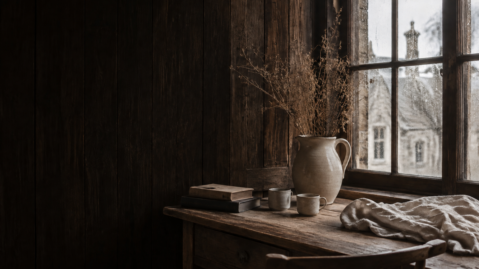 Rain-lit window, old timber and handmade ceramics in a welcoming British interior