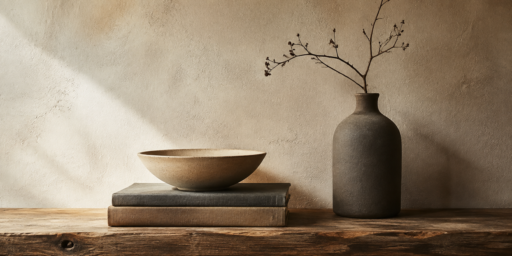 Ceramics and old books arranged against a textured plaster wall